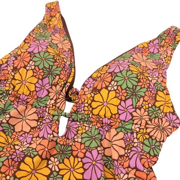 NEW Roxy All About Sol One Piece Swimsuit S Floral Plunge V Neck Hippie Retro - Picture 3 of 9